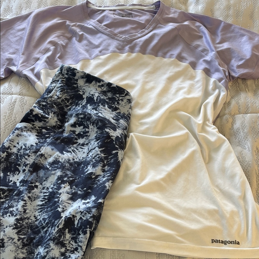 Patagonia White/Lavender V-Neck Top and Slate blue/lt blue workout/ run shorts